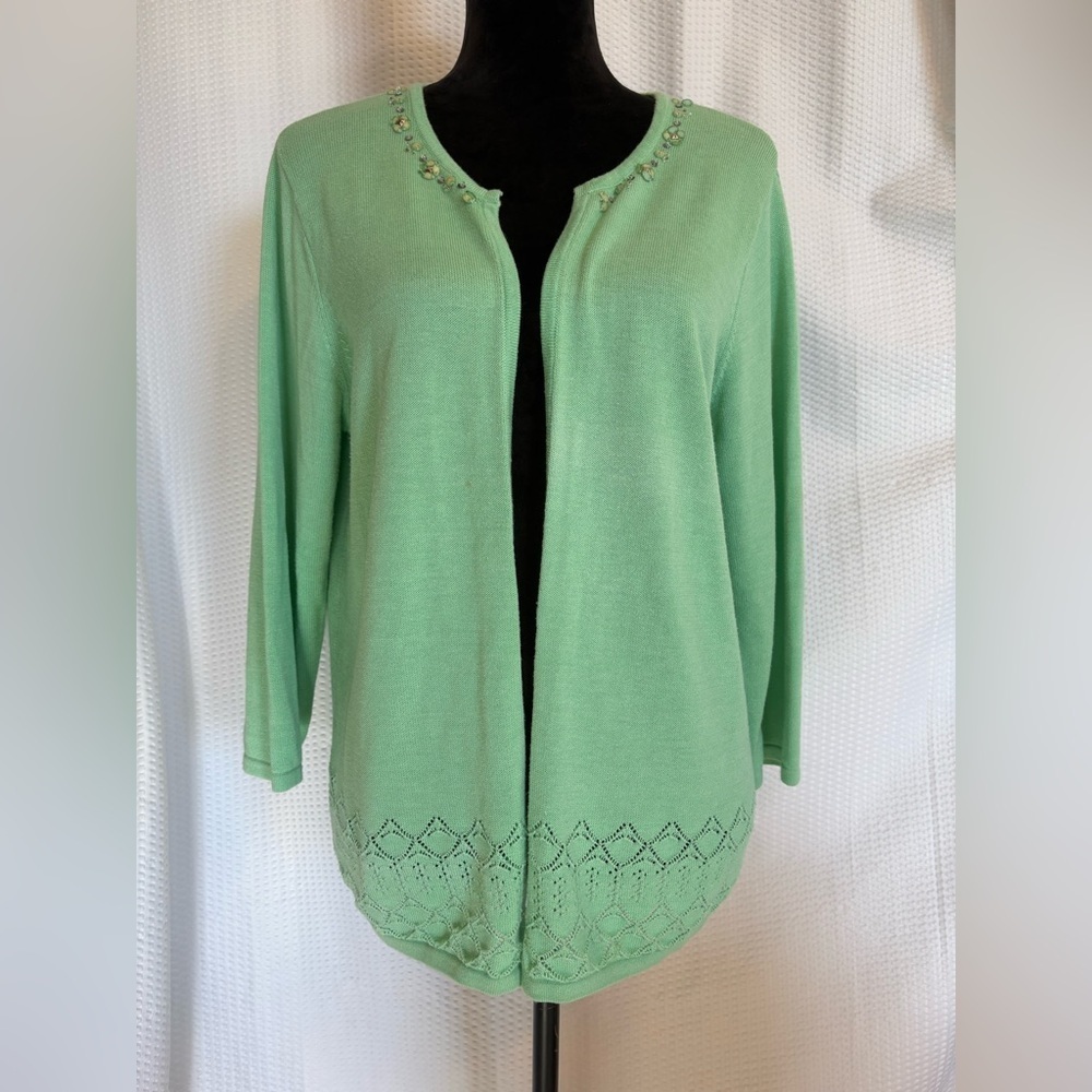 Vintage Alfred Dunner mint green 3/4 sleeve open front cardigan beaded accent L